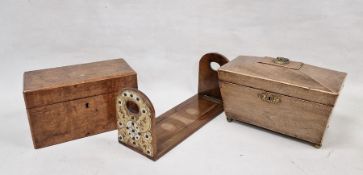 Walnut tea caddy with single domed interior box and glass mixing bowl, a sarcophagus-shaped mahogany
