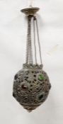 20th century pierced and embossed brass hanging lantern, adorned with coloured glass decoration