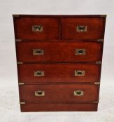20th century mahogany campaign-style chest of drawers comprising two short over three long
