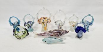 Group of Murano glass baskets and two models of fish, variously cased and decorated with marbled