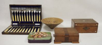 Bone-handled oak-cased set of fish knives and forks, a tin of coins, two further boxes and a