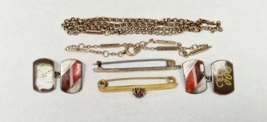Assorted jewellery, to include a chain stamped 9ct, a small 9ct gold bracelet, a 9ct gold bar