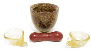 Polished hardstone mortar and pestle, mortar 13cm high and a pair of whelkshell-pattern aventurine