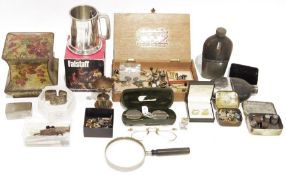 Masonic token, two leather-bound glass spirit flasks with metal cut covers, a quantity of naval