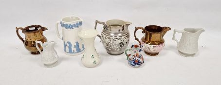 Assorted English pottery jugs, early 19th century and later including a silver Sunderland lustre