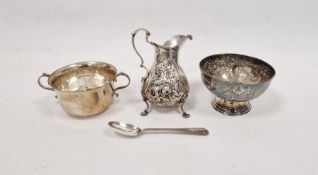 Twin handled silver porringer, Victorian cream jug, sugar bowl and silver teaspoon, gross weight