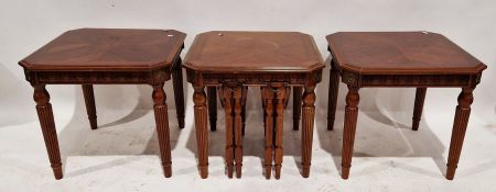Reproduction nest of three tables and two similar side tables, all of square form, largest 52cm high
