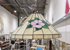 20th century Tiffany style glass hanging ceiling light, depicting flowers on a cream ground