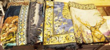 Five rugs of varying sizes and a Middle Eastern-style embossed brass tray, 60cm (6)