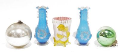 Two large vintage baubles, an opalene glass vase with ruffled rim and applied glass floral