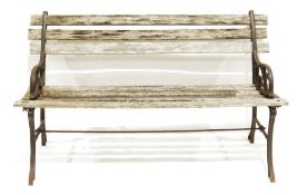 Vintage garden bench with wooden slats and cast iron scrollwork ends, 123cm wide