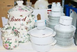 Thomas (Rosenthal) part dinner service, white glazed with silver banding, a large pottery lidded