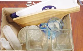 Various modern glass vases, a pressed glass comport, drinking glasses, a wooden cheese board,