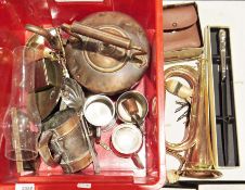 Copper and brass bugle, a quantity of metalware to include two oil lamps, assorted coins, a lantern,