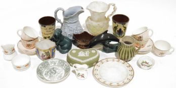 Blue glazed Ridgway & Co jug with applied decoration of figures in a tavern, stamped to base, a