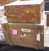 Two vintage pine travelling trunks, the larger named in yellow for 'Capt Lord St Aldwyn, Fairford