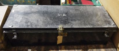 Heavy duty black painted metal trunk with bronze finish interior, labelled 'patent number 23596/27'