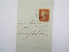 GB: tin of over 150 QV entires/covers mainly 1d red from 1840s on including 1d black plate issues
