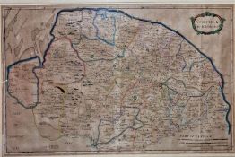Map - Robert Morden - Norfolk -  hand coloured, centre fold of the map is raised, 37 x 57 cms,