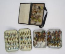 Mallochs black metal tin containing various flies and two other boxes of salmon and other fly