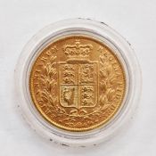 Victoria (1837-1901), Sovereign 1872, Young head facing left, crowned quartered shield of arms,