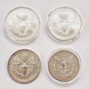 United States of America, Silver Dollars.  1900 Morgan Dollar, 1991, 1998 and 2002 Eagle Dollars