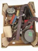 Metal fishing reel, various fishing accessories and pair of metal and leather skates.