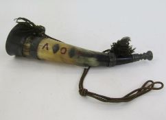 Metal-mounted horn, a Holland & Holland leather-bound and chrome spirit flask with strap, pair of