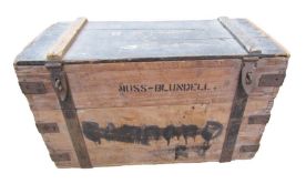 Wooden mule chest, metal lined, the owner Moss Blundell was in the Bombay Grenadiers and the Raj