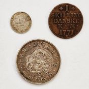 World Coins (3) Danish 1771, 1 Skilling, Japan One Yen, French 1887 A 50 Centimes
