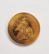 Fantasy Trade Dollar 22mm diameter, modern restrike undated in gold Obverse: Victoria Gothic Head,