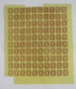Sarawak: complete unused sheet of 1871 3c brown/yellow, some selvage loss, with 'Stop after THREE'