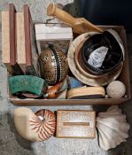 Nautilus shell and further seashells, Old Hall salt and pepper shakers, assorted lacquered bowls,
