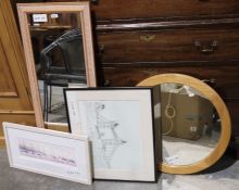 WITHDRAWN Two contemporary wall mirrors, a print after Stephen Wiltshire of Tower Bridge, London and