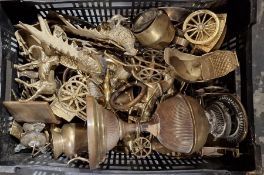Large quantity of brasswares to include jugs, dishes, tankards, an oil lamp, animal models, etc (2