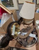 Oak cased barometer and a table lamp (2)
