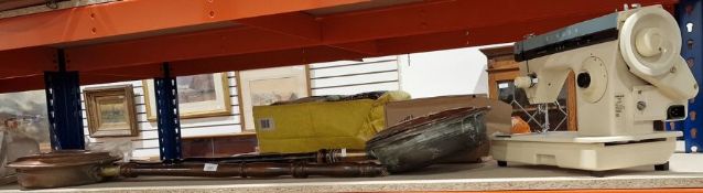 Vintage Singer sewing machine, a copper and iron chestnut warmer, a copper warming pan with ebonised