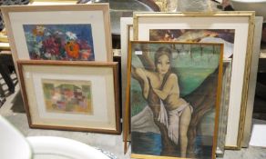 Collection of drawings, prints and pictures including a 1970's pastel of a scantily draped woman