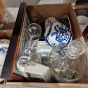 Set of five Wedgwood plates with gilt and floral decoration, a Caithness glass decanter, two glass