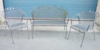 Metal-framed garden bench and two matching chairs (3)