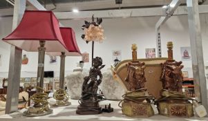 Pair of table lamps with carved elephant decoration, a pair of metal columned table lamps and one