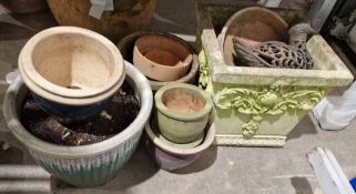 Square composite stone planter with relief floral decoration ( 40cm cube) , further assorted plant