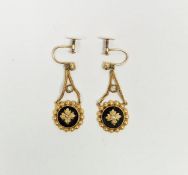 Pair Victorian 9ct gold seed pearl and black enamel pendant drop earrings with circular medallion