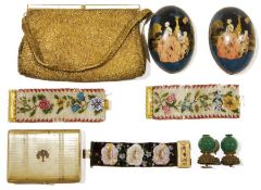 Three Victorian beadwork bracelets on cloth, floral decorated, a gilt beaded evening bag and other