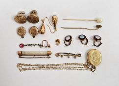 Three gold-coloured metal and mother-of-pearl inlaid studs, a gold-coloured metal and seedpearl