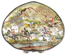 Persian enamel painted mother-of-pearl shell depicting a hunting scene in mountainous landscape,