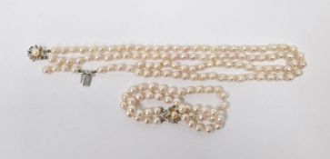 Two-strand cultured pearl necklace with silver clasp and matching two-strand cultured pearl bracelet