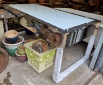 Modern chromed metal dining table with light up white glass top, height 80cm, length 183cm, width