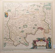 Three framed 20th century prints of maps, comprising: a coloured print after Johannes Blaeu, Atlas