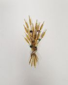 9ct gold, diamond, emerald, ruby and sapphire wheatear spray brooch with diamond set ribbon and